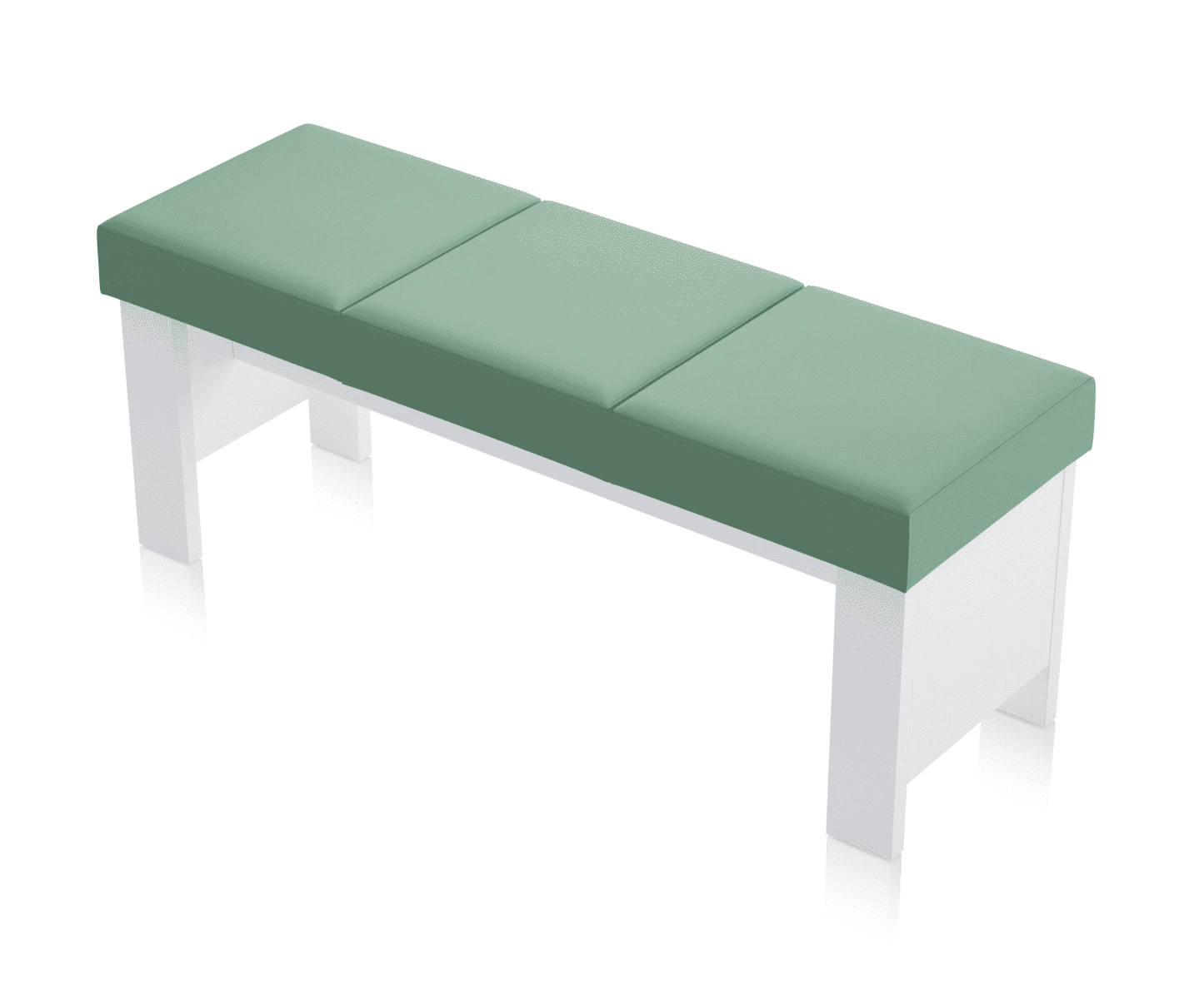 Ławka Nora z białą lakierowaną podstawą, 3-segmentowe pastelowe zielone siedzisko tapicerowane Toronto EN, lite drewno bukowe