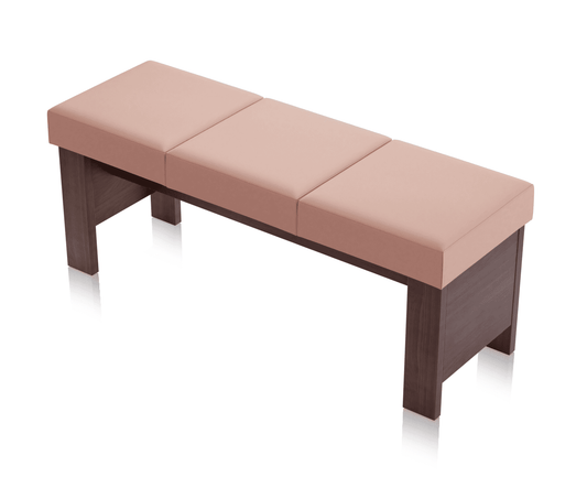 Ławka Nora Ciemny Orzech - Alt text: Ławka Nora w ciemnym orzechu z różowym tapicerowanym siedziskiem, idealna jako ławka na korytarz szkolny.